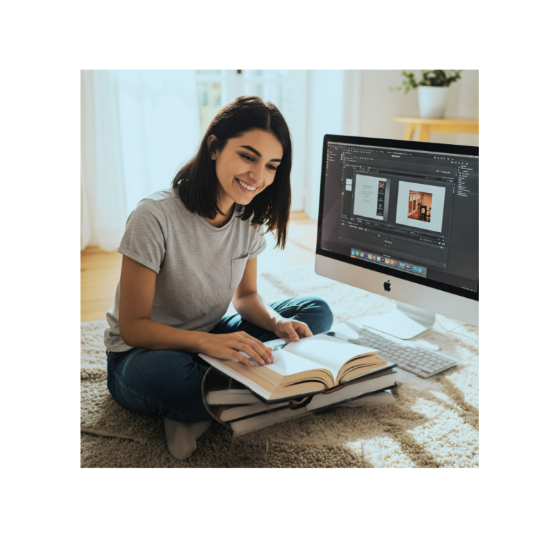 Una mujer joven trabaja desde casa, sentada en el suelo frente a una mesa baja. Revisa documentos impresos y  en su ordenador iMac.